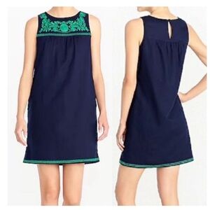 J Crew linen embroidered shift dress, navy and green, with pockets XS, bohemian